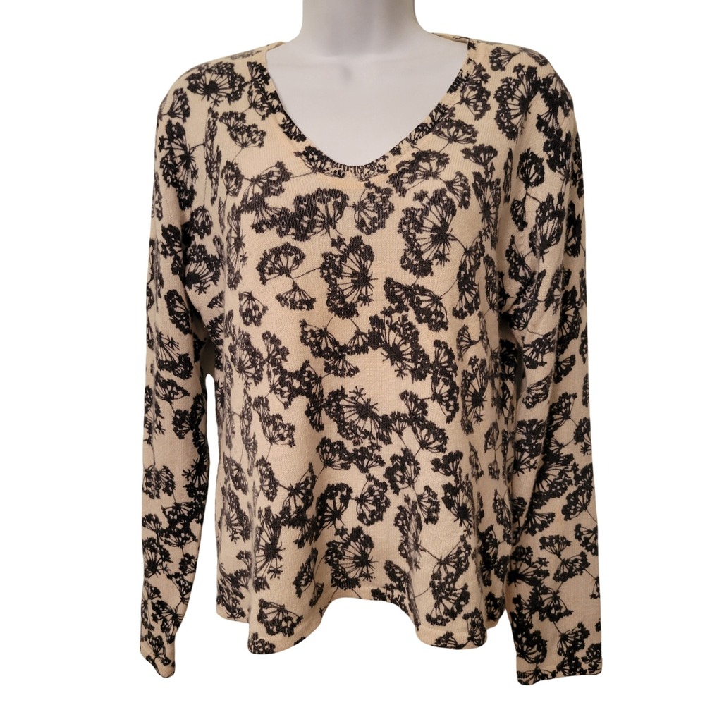 Mainbocher Pure Cashmere V‎ Neck Sweater Cream Black Floral Dandelion M Cozy